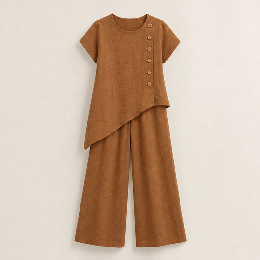 Cassia – Asymmetric Button Top & Wide-Leg Pants Set + 50% OFF