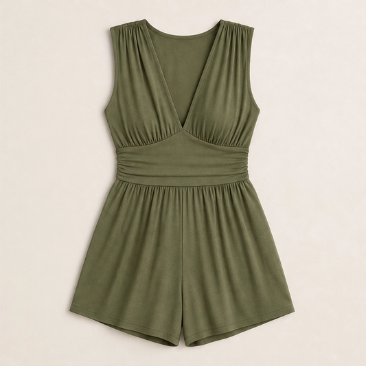 Pleatelle – V-Neck Pleated Waist Flowy Romper with Pockets + 50% OFF