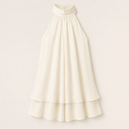 Solenne – Flowy Layered Halter Mini Dress with Open Back + 50% OFF