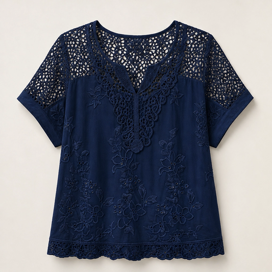 Lacewillow – Embroidered Lace V-Neck Blouse with Relaxed Fit + 50% OFF