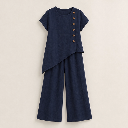 Cassia – Asymmetric Button Top & Wide-Leg Pants Set + 50% OFF