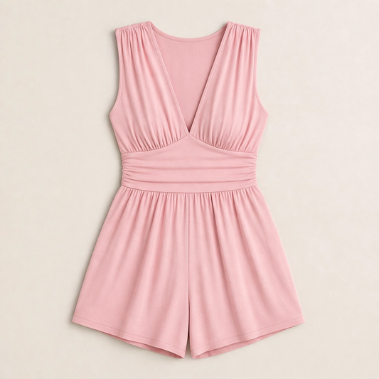 Pleatelle – V-Neck Pleated Waist Flowy Romper with Pockets + 50% OFF