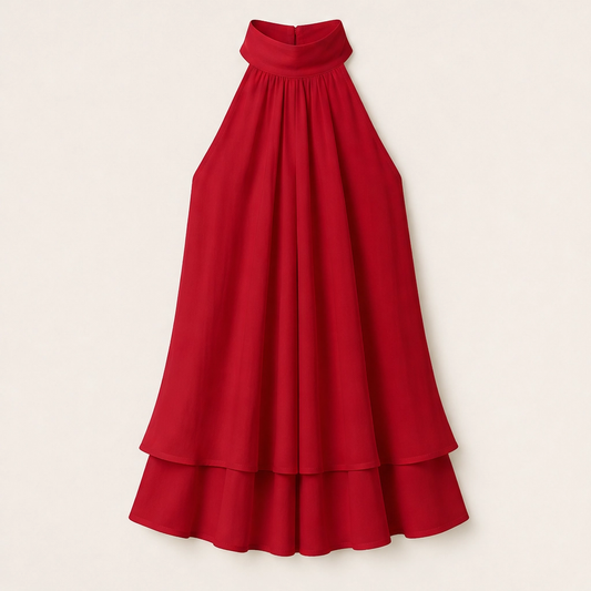 Solenne – Flowy Layered Halter Mini Dress with Open Back + 50% OFF