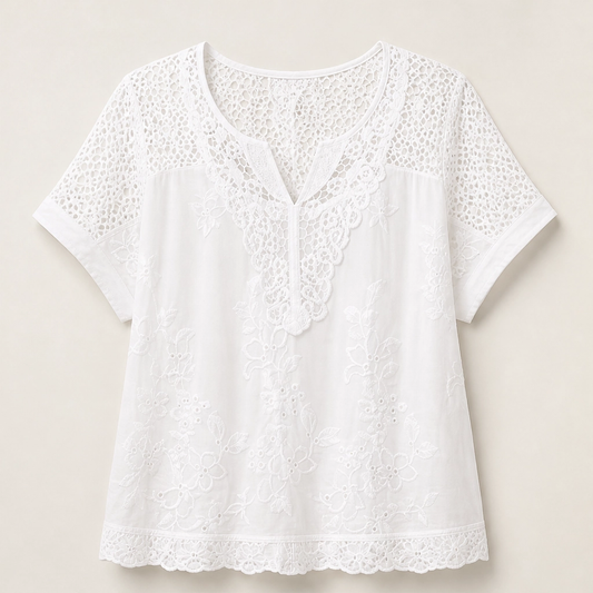 Lacewillow – Embroidered Lace V-Neck Blouse with Relaxed Fit + 50% OFF