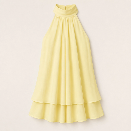 Solenne – Flowy Layered Halter Mini Dress with Open Back + 50% OFF