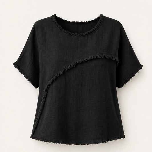 Frayla – Raw Edge Relaxed Fit Round Neck Summer Top + 50% OFF