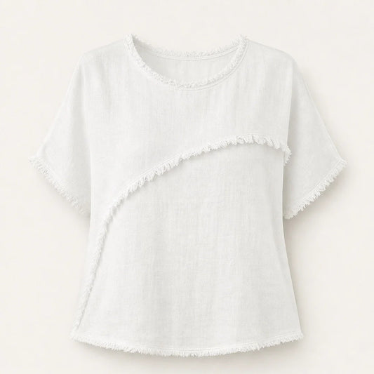 Frayla – Raw Edge Relaxed Fit Round Neck Summer Top + 50% OFF