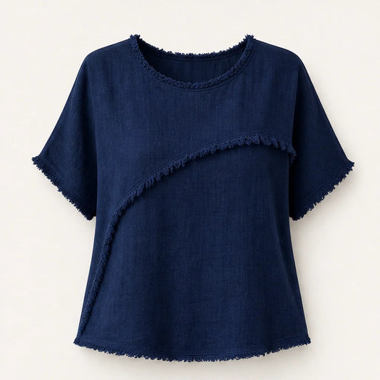 Frayla – Raw Edge Relaxed Fit Round Neck Summer Top + 50% OFF