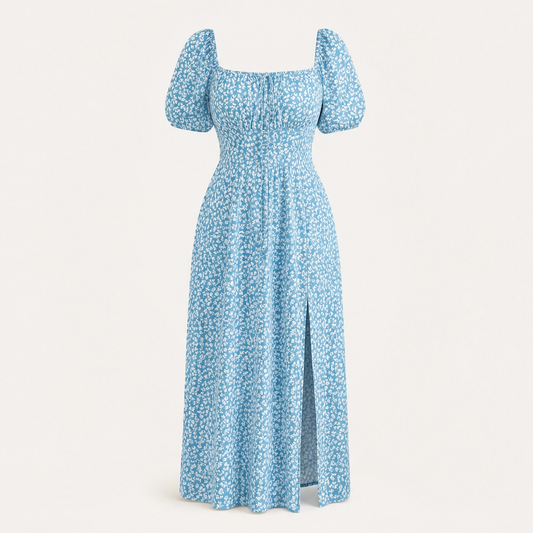 Fleurette – Smocked Bodice Side-Split Floral Midi Dress + 50% OFF