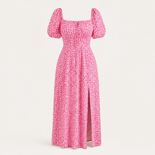 Fleurette – Smocked Bodice Side-Split Floral Midi Dress + 50% OFF