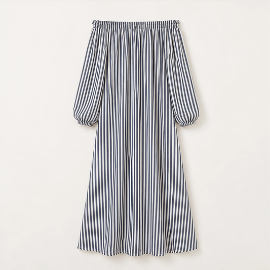 Marisol – Off-Shoulder Lantern-Sleeve Striped Maxi Dress with Pockets + 50% OFF