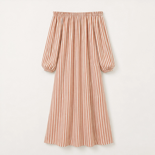 Marisol – Off-Shoulder Lantern-Sleeve Striped Maxi Dress with Pockets + 50% OFF