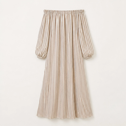 Marisol – Off-Shoulder Lantern-Sleeve Striped Maxi Dress with Pockets + 50% OFF