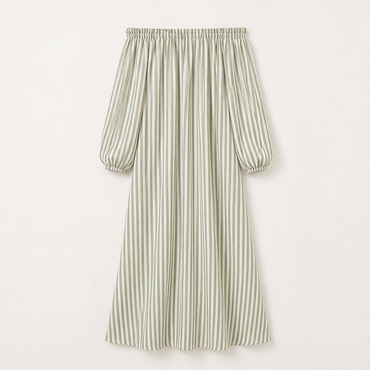 Marisol – Off-Shoulder Lantern-Sleeve Striped Maxi Dress with Pockets + 50% OFF