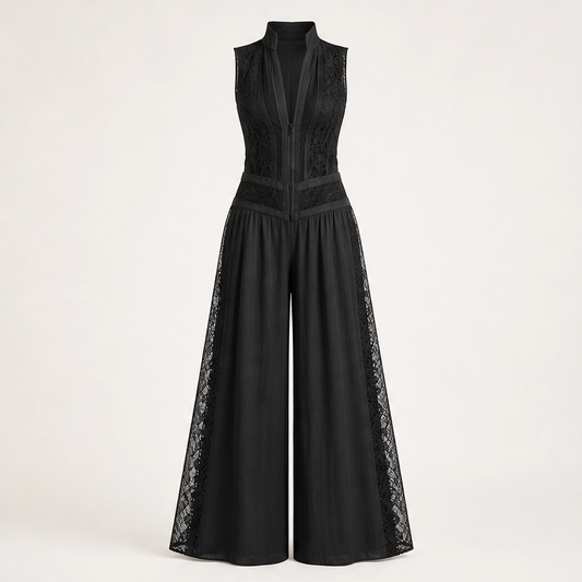 Verlaine – Lace-Panel Wide-Leg Jumpsuit with Adjustable Zip Collar + 50% OFF
