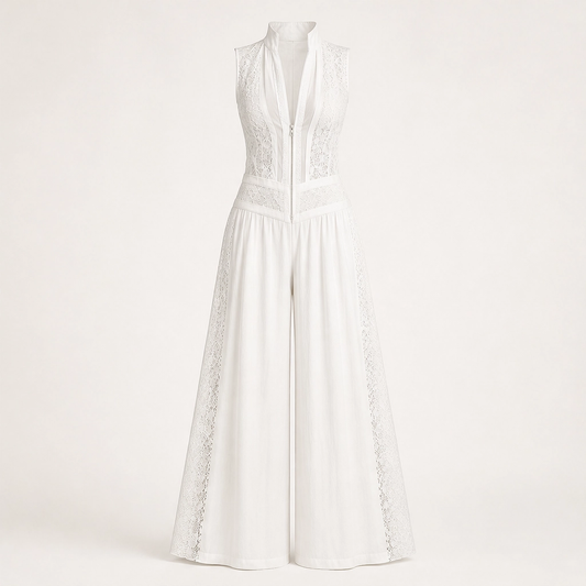 Verlaine – Lace-Panel Wide-Leg Jumpsuit with Adjustable Zip Collar + 50% OFF