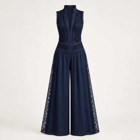 Verlaine – Lace-Panel Wide-Leg Jumpsuit with Adjustable Zip Collar + 50% OFF