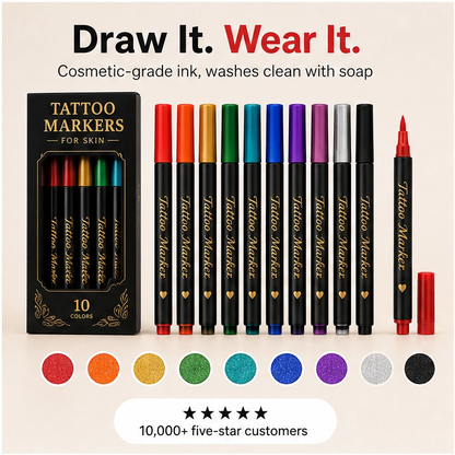 Inkaroo – Washable Temporary Tattoo Markers, 10-Color Skin-Safe Body Art Set + BUY 1 PICK 1