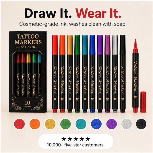 Inkaroo – Washable Temporary Tattoo Markers, 10-Color Skin-Safe Body Art Set + BUY 1 PICK 1