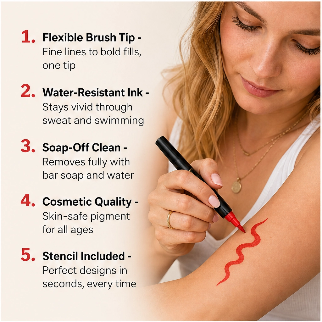 Inkaroo – Washable Temporary Tattoo Markers, 10-Color Skin-Safe Body Art Set + BUY 1 PICK 1