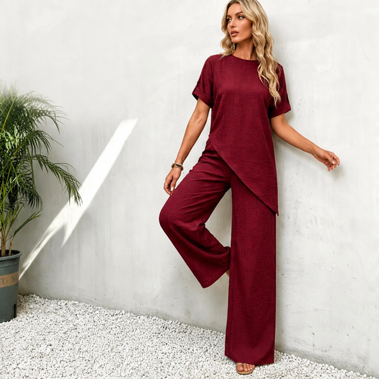 Driftelle™ – Asymmetrical Hem Top & Wide-Leg Pants 2-Piece Lounge Set + 50% OFF