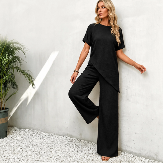 Driftelle™ – Asymmetrical Hem Top & Wide-Leg Pants 2-Piece Lounge Set + 50% OFF