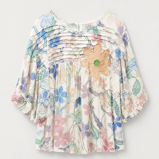 Primvale – Pleated Appliqué Floral Puff-Sleeve Blouse + 50% OFF