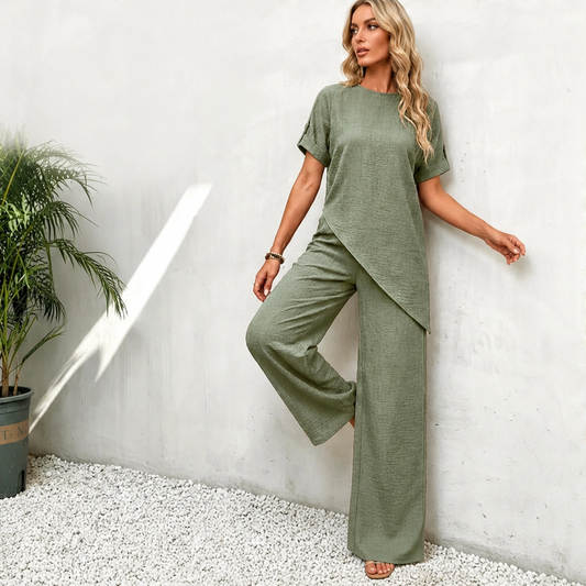 Driftelle™ – Asymmetrical Hem Top & Wide-Leg Pants 2-Piece Lounge Set + 50% OFF