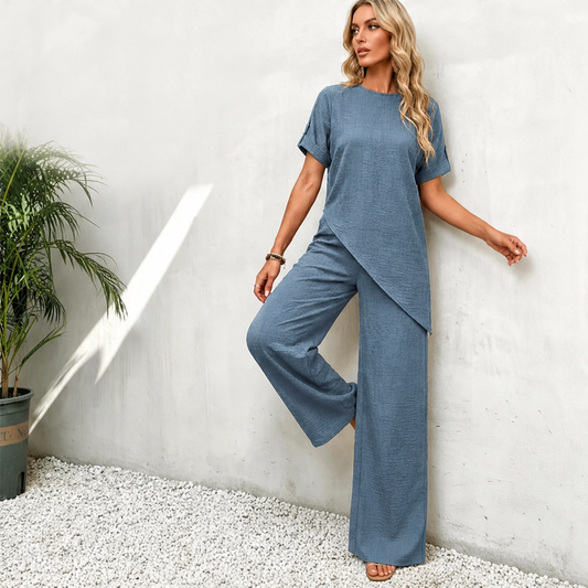 Driftelle™ – Asymmetrical Hem Top & Wide-Leg Pants 2-Piece Lounge Set + 50% OFF