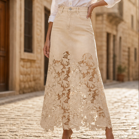 Fleurette™ – Floral Lace Splice High-Waist Denim Maxi Skirt + 50% OFF