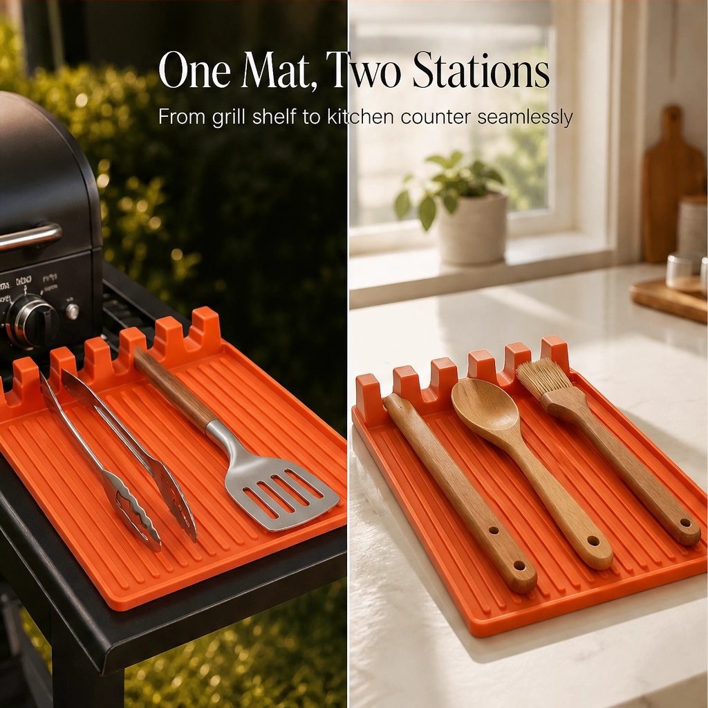 GrillNest™ – Heat-Resistant Silicone Grill Mat with Raised Drip Edge & Utensil Holder + 50% OFF