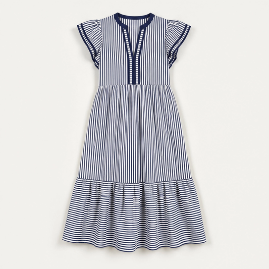 Marisole – V-Neck Ruffle Striped Midi Dress with Pockets + 50% OFF