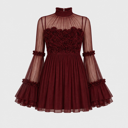 Velrose™ – Sheer Sleeve 3D Rosette Chiffon Mini Dress + 50% OFF