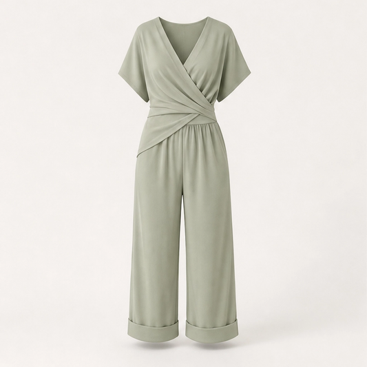 Solène™ – Twist-Front V-Neck Wrap Top & Capri Two-Piece Set + 50% OFF