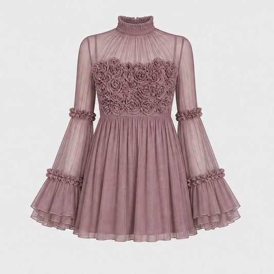 Velrose™ – Sheer Sleeve 3D Rosette Chiffon Mini Dress + 50% OFF