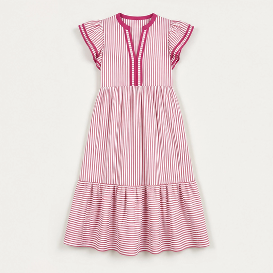 Marisole – V-Neck Ruffle Striped Midi Dress with Pockets + 50% OFF