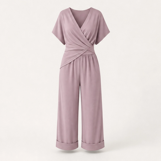 Solène™ – Twist-Front V-Neck Wrap Top & Capri Two-Piece Set + 50% OFF