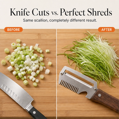 Hearthen™ – 3-in-1 Stainless Steel Scallion Shredder, Peeler & Bottle Opener with Wood Handle + 50% OFF