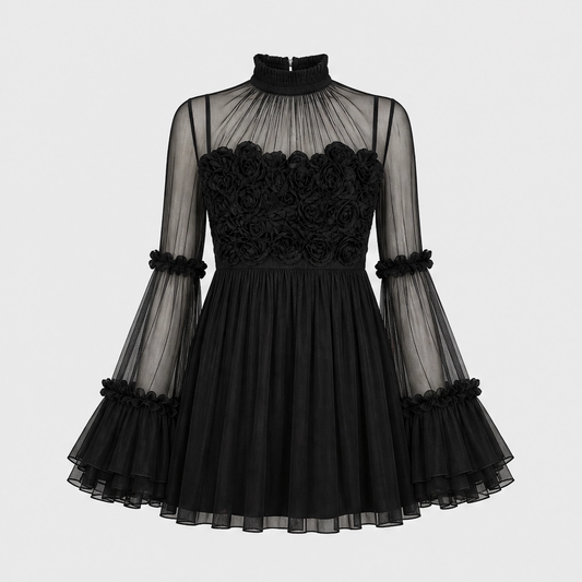 Velrose™ – Sheer Sleeve 3D Rosette Chiffon Mini Dress + 50% OFF