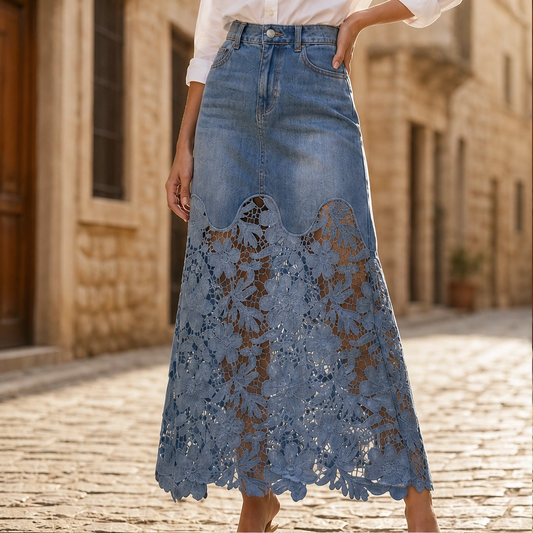 Fleurette™ – Floral Lace Splice High-Waist Denim Maxi Skirt + 50% OFF