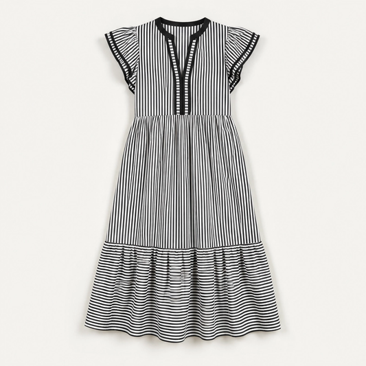 Marisole – V-Neck Ruffle Striped Midi Dress with Pockets + 50% OFF