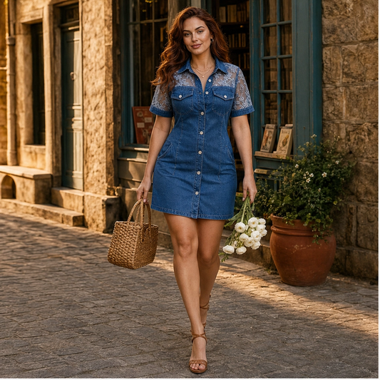 Fleurelle – Floral Lace & Denim Button-Down Mini Dress + 50% OFF