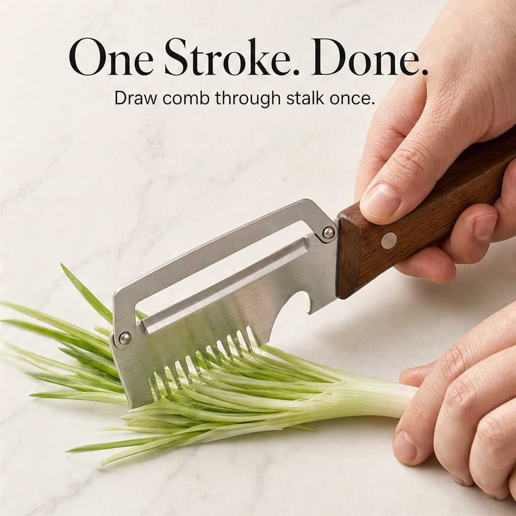 Hearthen™ – 3-in-1 Stainless Steel Scallion Shredder, Peeler & Bottle Opener with Wood Handle + 50% OFF