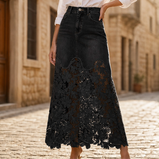 Fleurette™ – Floral Lace Splice High-Waist Denim Maxi Skirt + 50% OFF