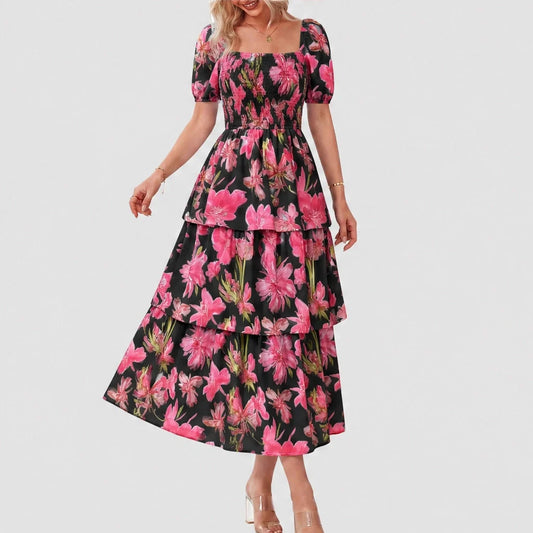 Fleurette™ – Smocked Square-Neck Puff Sleeve Tiered Floral Midi Dress + 50% OFF