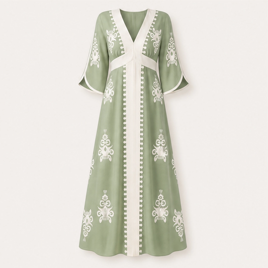Solene – V-Neck Waist-Defining Print Maxi Dress with Pockets + 50% OFF