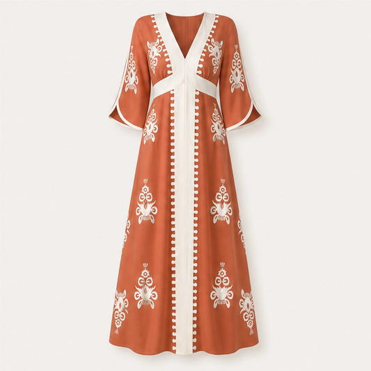Solene – V-Neck Waist-Defining Print Maxi Dress with Pockets + 50% OFF