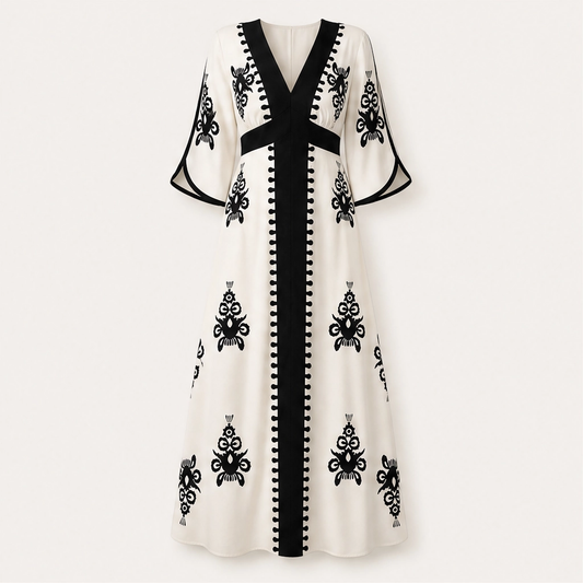 Solene – V-Neck Waist-Defining Print Maxi Dress with Pockets + 50% OFF