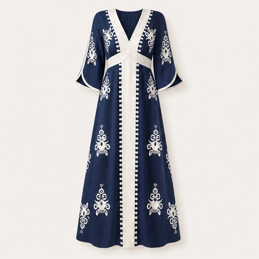 Solene – V-Neck Waist-Defining Print Maxi Dress with Pockets + 50% OFF