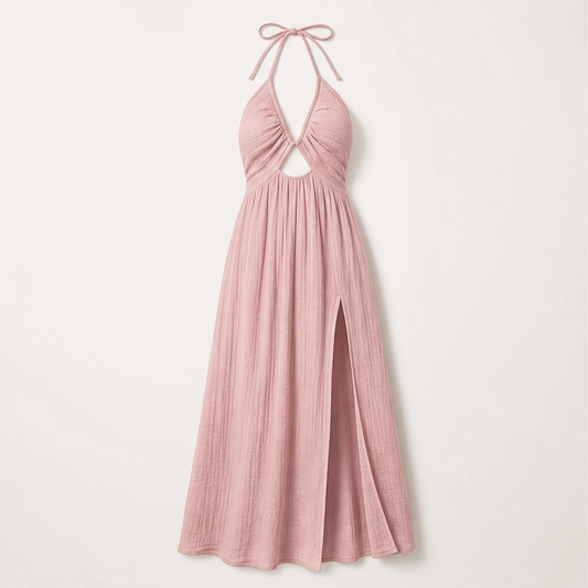 Solenne – Halter V-Neck Cutout Maxi Dress with High Slit + 50% OFF